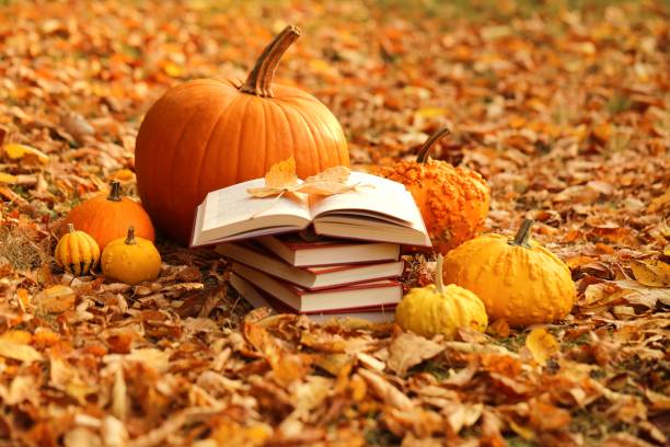 Autumn books. Reading books about autumn.Halloween books. Stack of books and orange pumpkins set on autumn foliage on nature background
